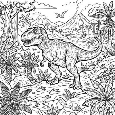 Unleash your creativity with this incredible T-Rex habitat coloring page, featuring a detailed prehistoric full scene. Bring to life mighty dinosaurs, ancient plants, and towering volcanoes with your favorite colors.