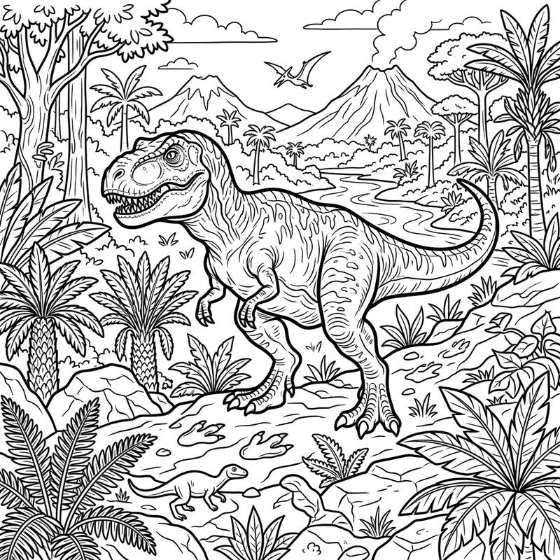 Unleash your creativity with this incredible T-Rex habitat coloring page, featuring a detailed prehistoric full scene. Bring to life mighty dinosaurs, ancient plants, and towering volcanoes with your favorite colors.