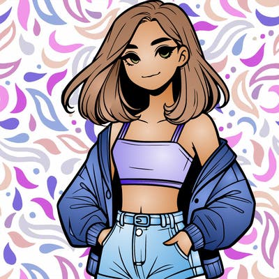 a realistic girl with a crop top and short shorts in an open jacket