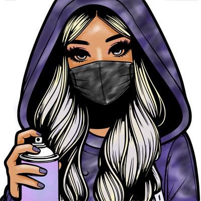 girl wearing a mask with long hair with her hood up spray-painting realistic