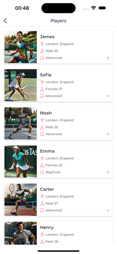 Tennis Partner - A list of tennis player profiles on the Tennis Partner app showing photos names and skill levels