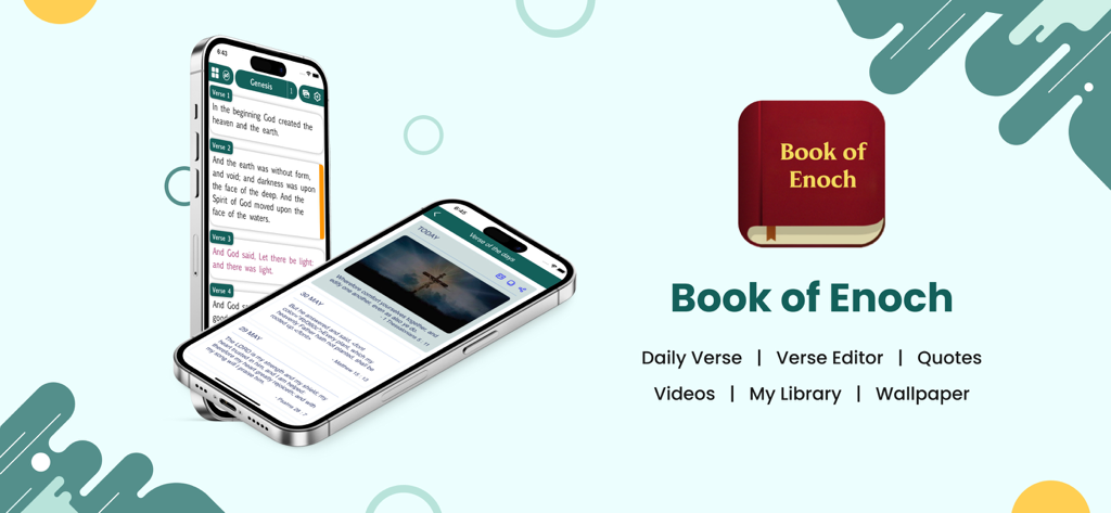 Interface of the Book of Enoch app displaying biblical text and daily verses on two smartphones
