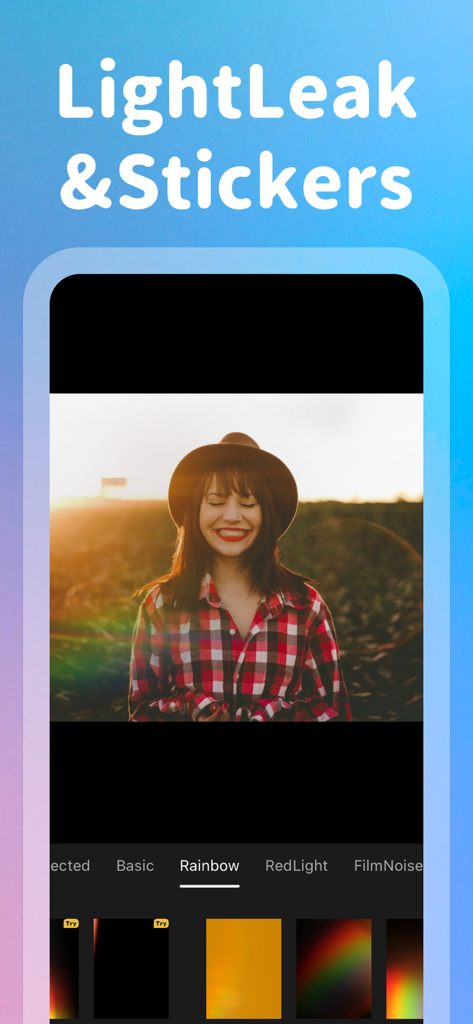 Interface of LightCam app displaying a photo of a woman with a rainbow light leak filter and a menu of vintage effects