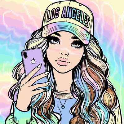 realistic beautiful girl wearing los ángeles cap holding an iphone