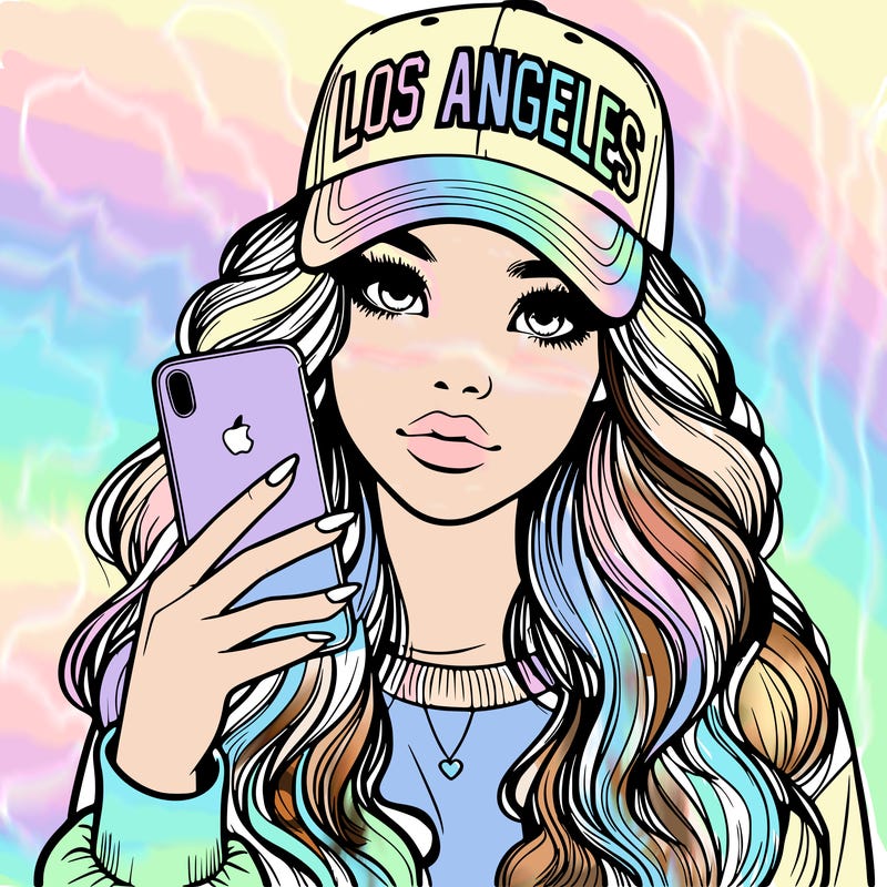 realistic beautiful girl wearing los ángeles cap holding an iphone