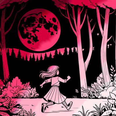 a realistic girl running in a forest under a realistic full moon in a realistic forest