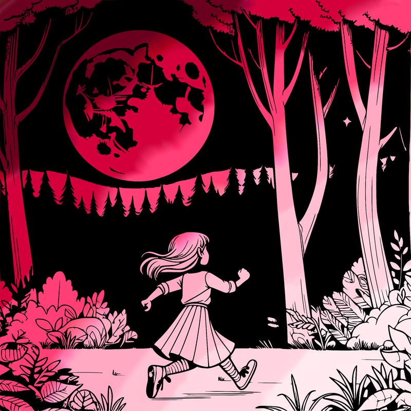 a realistic girl running in a forest under a realistic full moon in a realistic forest
