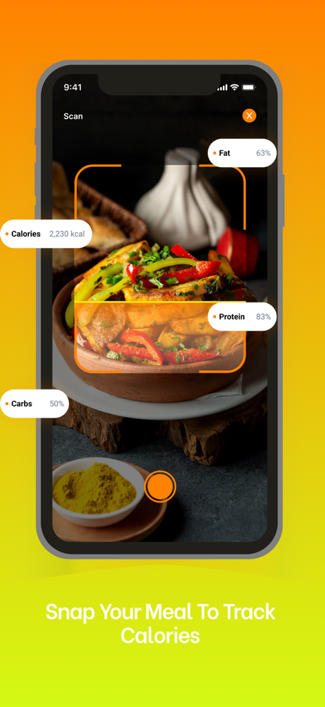 Cal Diet - AI Calorie Tracker - AI calorie tracker app scanning a meal photo to show nutritional info