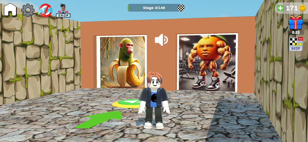 Obby Parkour Games Escape slap - Gameplay de Obby Parkour Escape mostrando un personaje en un corredor de piedra con pósters de memes de mono plátano y naranja musculosa