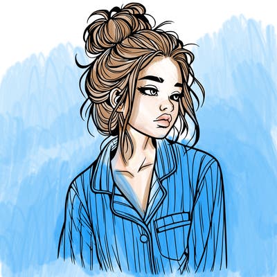 realistic woman with pajamas on and a messy bun