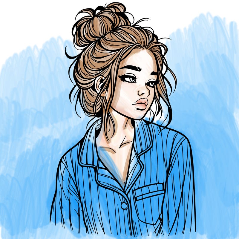 realistic woman with pajamas on and a messy bun