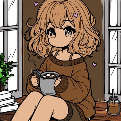 cute anime girl reading book and drinking hot chocolate from mug with loose wavy hair wearing a baggy sweatshirt and shorts sitting by windowsill looking out