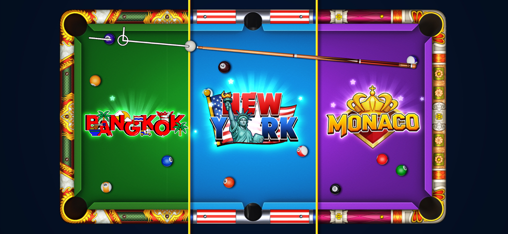 8 Ball Battle - Pool Games - Tre diversi tavoli da biliardo a tema che presentano Bangkok, New York e Monte Carlo nel gioco 8 Ball Battle