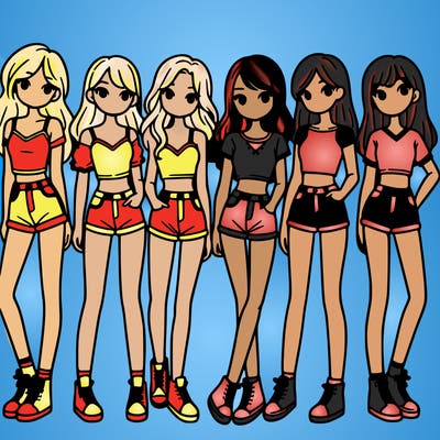 a group of girls wearing crop tops and shorts