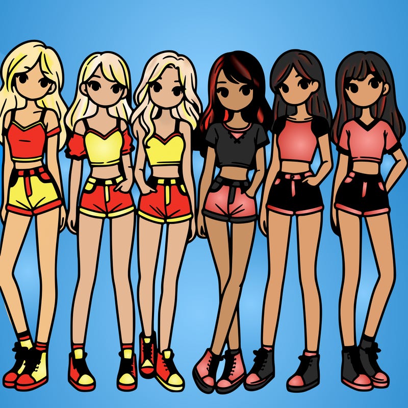 a group of girls wearing crop tops and shorts