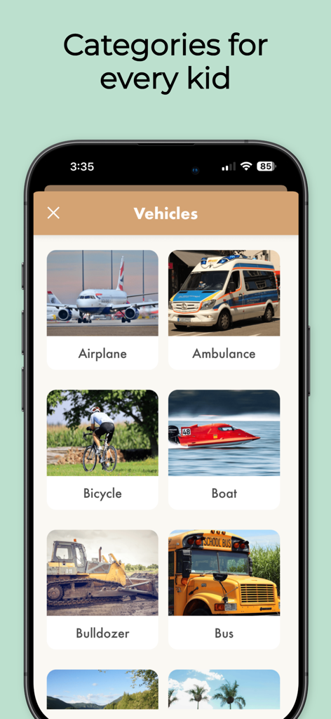 Kids Dictionary School Edition - Kids Dictionary app interface showing a list of vehicles with photos and names