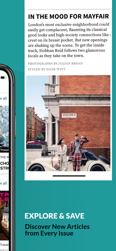 Travel + Leisure - Travel and Leisure app screen showcasing a luxury destination article on Mayfair London.