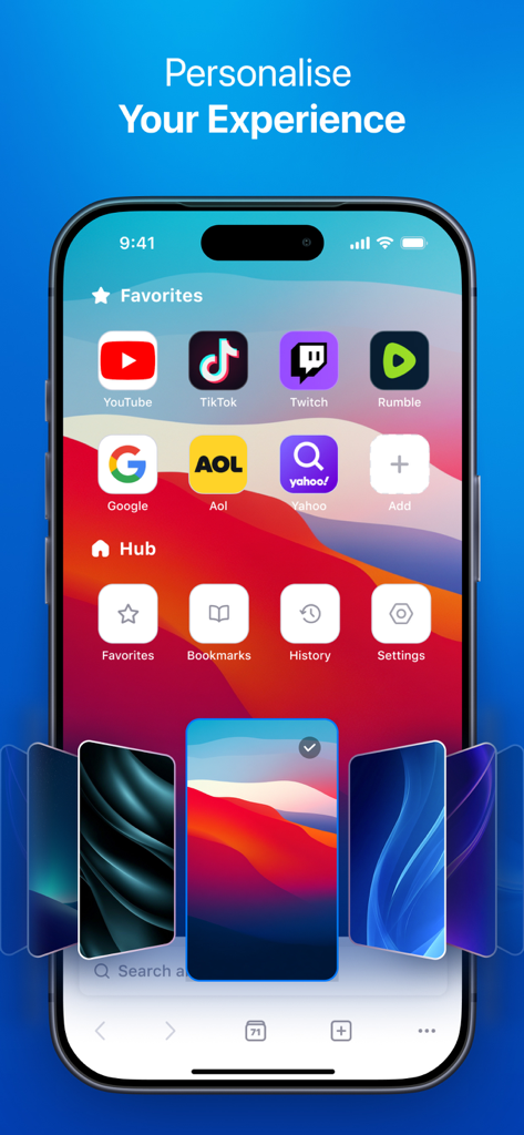 PiP Browser screen showing favorite video platforms like YouTube and Twitch with background theme customization options