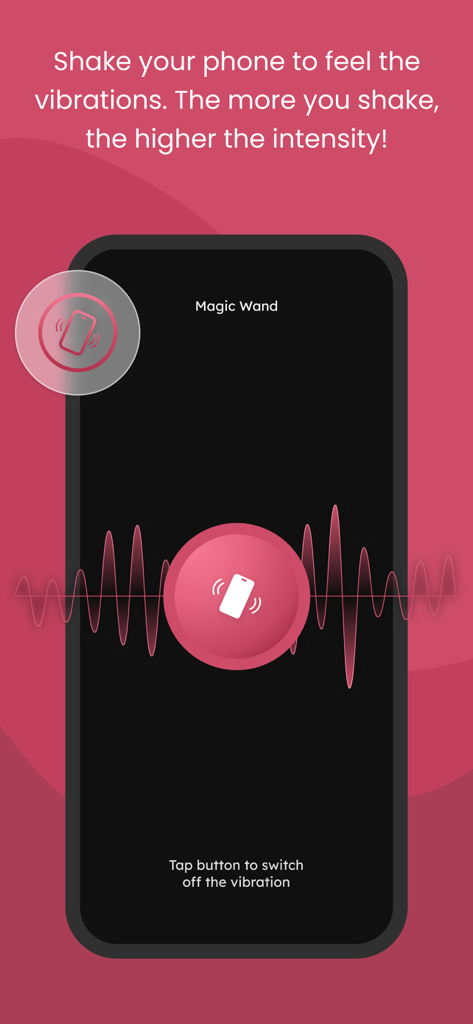 Vibes Only - Vibes Only mobile app interface showing the shake your phone to feel vibrations feature with adjustable intensity