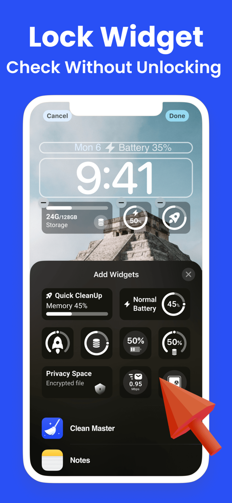 Clean Master: Clean Storage - La aplicación Clean Master mostrando widgets personalizables de almacenamiento y batería en la pantalla de bloqueo de un iPhone.