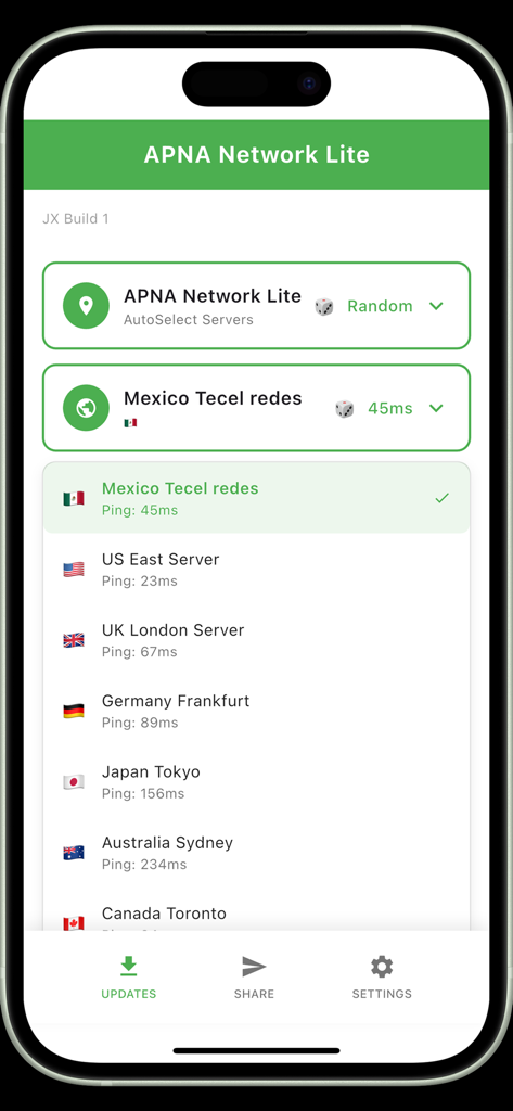 APNA TUNNEL - Tela de seleção de servidor APNA Network Lite mostrando uma lista de servidores proxy globais com seus tempos de ping.