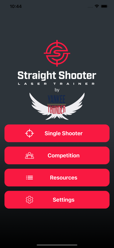 Main menu of the Straight Shooter Laser Trainer app showing training options