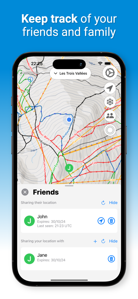 LastLift - Ski & Snowboard - LastLift app interface showing a ski resort map with real-time location sharing for friends and family