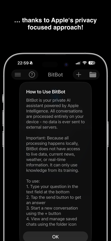 BitBot-Oberfläche mit Informationen zur privaten On-Device-KI-Verarbeitung