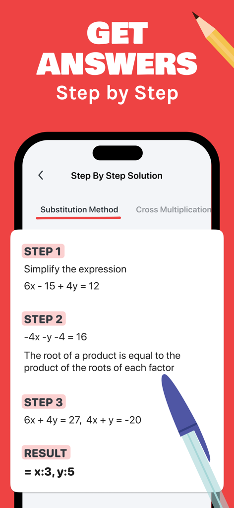 Math AI Homework Helper,Solver - A smartphone screen displaying a step-by-step math solution for an algebra problem using the substitution method