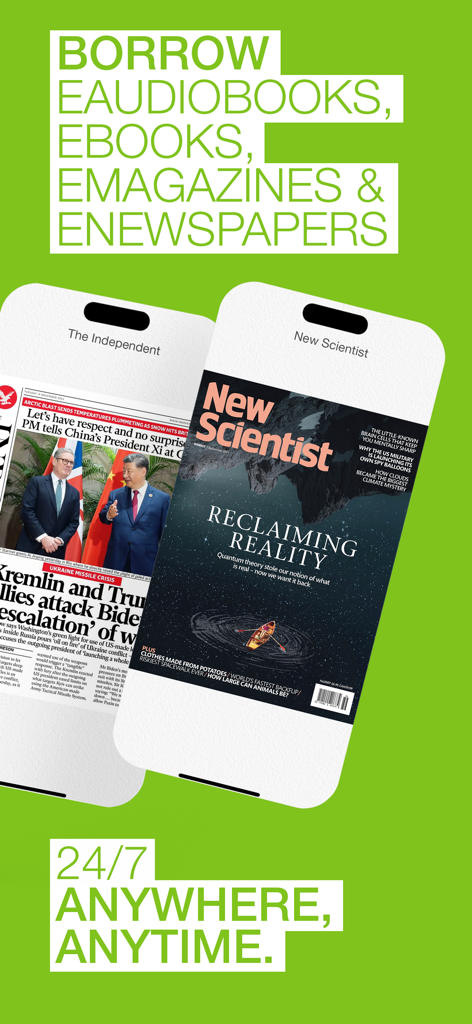 BorrowBox app interface showcasing digital newspapers and magazines on mobile devices with 24/7 access.