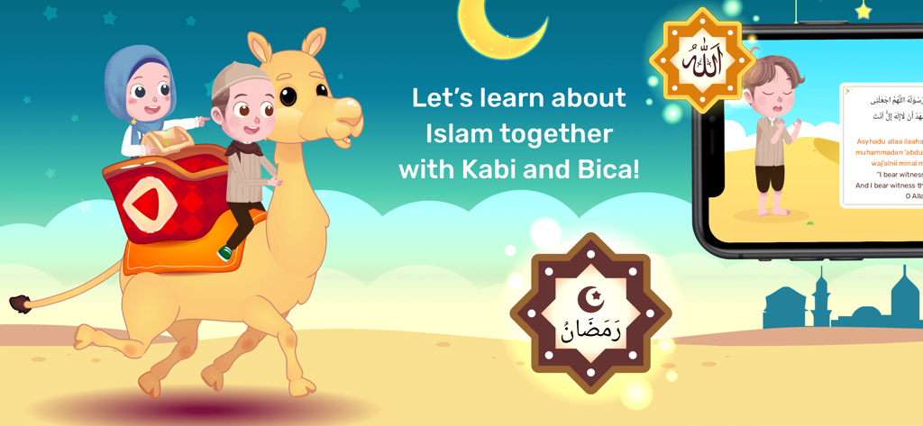 Kabi Islamic Education - Personajes de Kabi y Bica montando un camello para aprender sobre el Islam