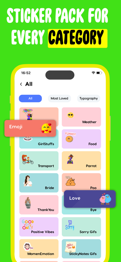 Interface of the Sticker Maker app displaying various sticker categories like emoji weather and food
