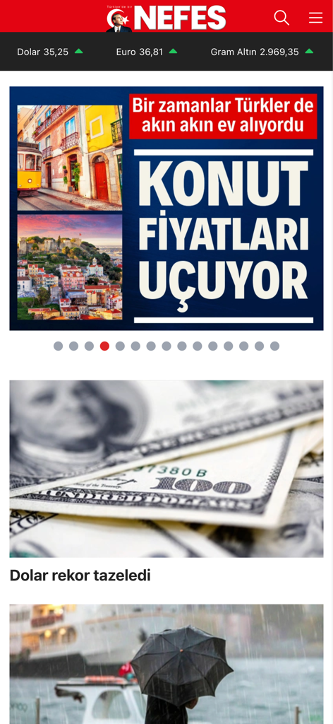 Nefes Gazetesi - Nefes Gazetesi app interface showing Turkish news headlines and currency exchange rates
