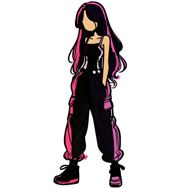 girl in baggy pants crop top and long hair