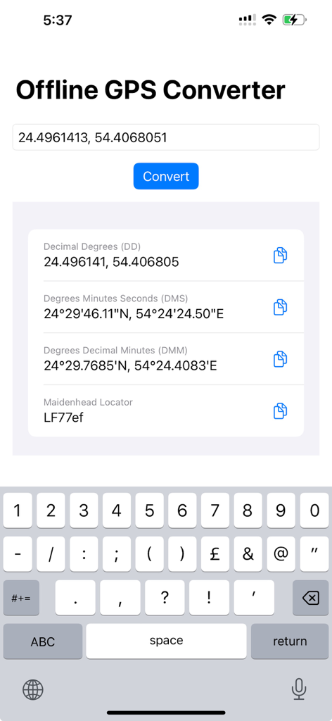 Offline GPS Converter - Interface of the Offline GPS Converter app showing a coordinate being converted into multiple formats like DD, DMS, DMM and Maidenhead Locator