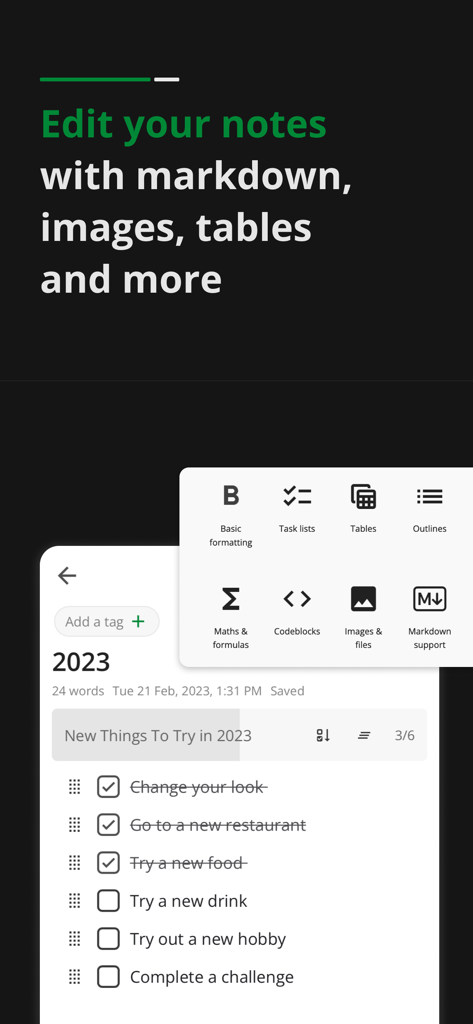 Notesnook: Private note taking - Interfaz móvil de Notesnook que muestra una lista de tareas y un menú de formato para tablas e imágenes de markdown