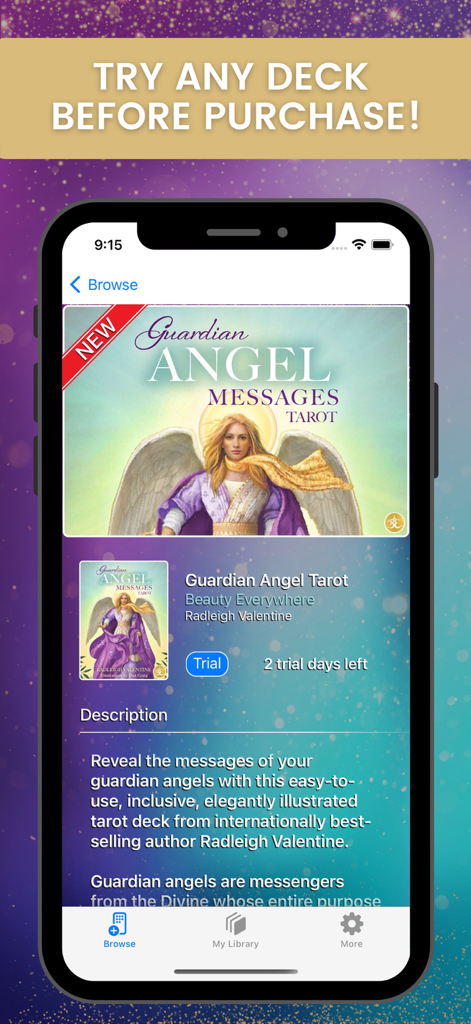 Beauty Everywhere Oracle Cards - A smartphone screen displaying the Guardian Angel Messages Tarot deck with a promotional banner to try any deck before purchase.