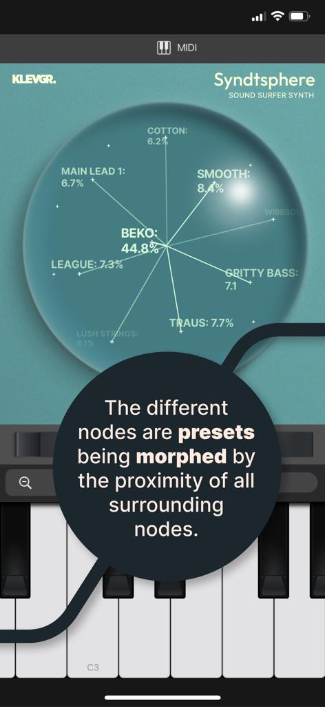 Interface do aplicativo móvel SyndtSphere mostrando uma esfera 3D para transformar predefinições de som acima de um teclado de piano