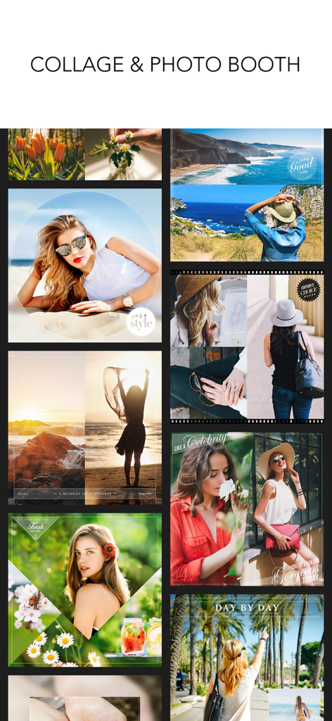 Una raccolta di collage fotografici estetici e layout in stile rivista creati con l'editor fotografico Rookie Cam.