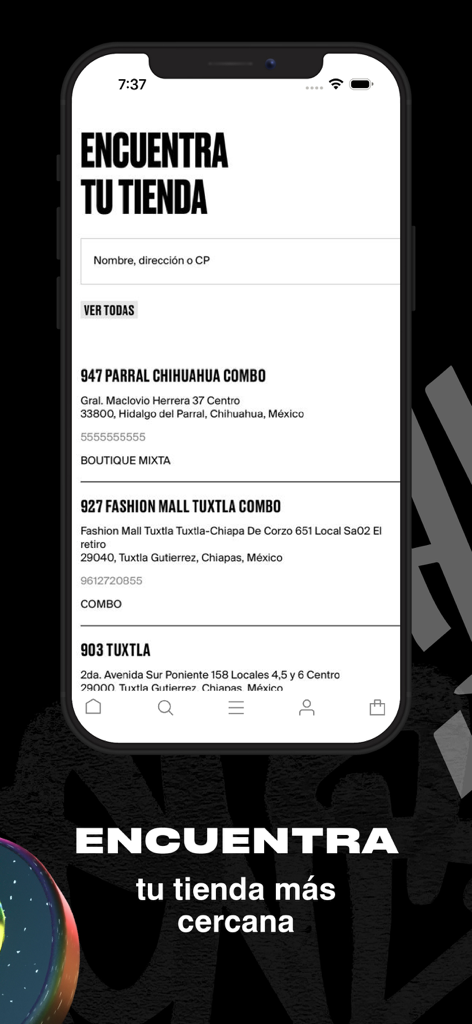 Cuidado Con el Perro - Interfaz del localizador de tiendas de la app móvil Cuidado Con el Perro mostrando ubicaciones de tiendas de ropa en México