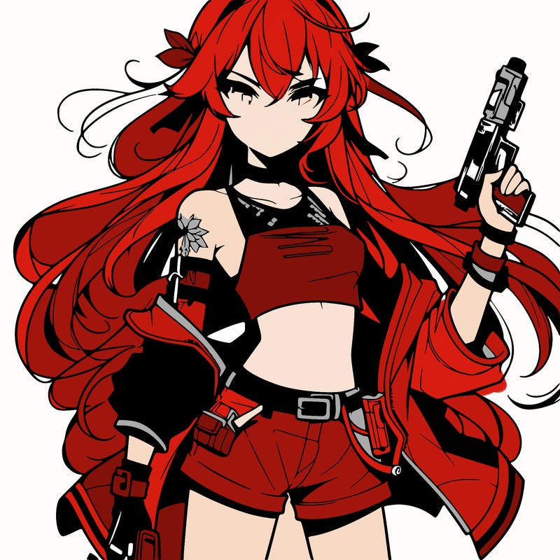 bad girl wearing crop top holding a gun long hair anime