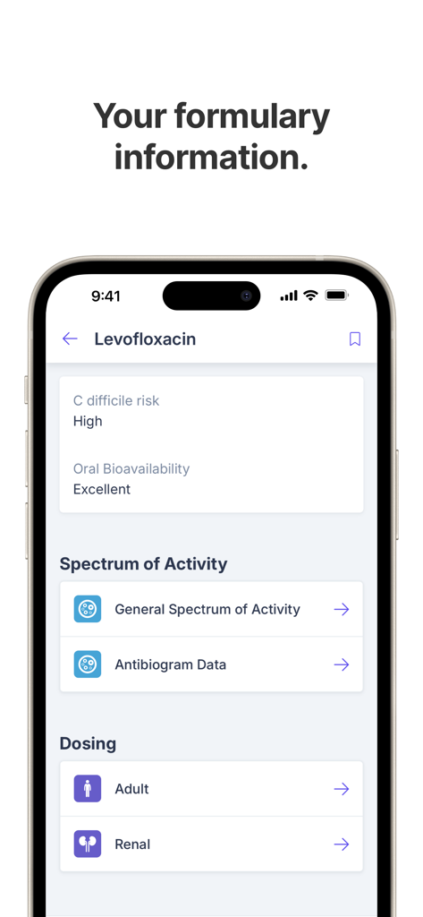 Firstline app screen showing clinical formulary information for Levofloxacin including dosing and antibiogram data.