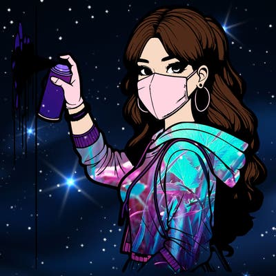 realistic girl with mask spray painting a wall