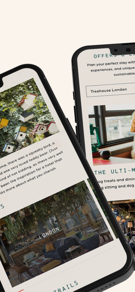 Treehouse Hotels - 두 대의 스마트폰에 표시된 엄선된 여행 상품과 런던 지역 정보를 보여주는 트리하우스 호텔 모바일 앱 인터페이스