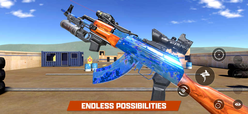 Gun Builder ELITE 2 - A customized assault rifle with iridescent camo and multiple attachments at a desert shooting range.