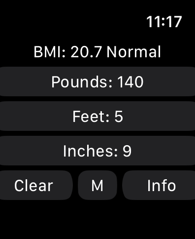 WatchBMI calculator on Apple Watch displaying weight in pounds and height in feet and inches with a normal BMI result.