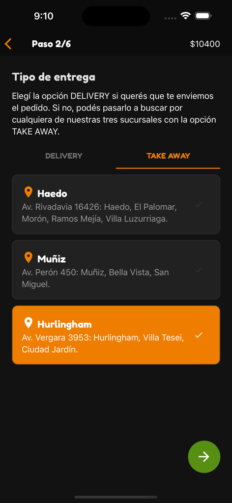 Ishidan - 石段アプリの画面。テイクアウトの受け取り場所の選択が表示されています。