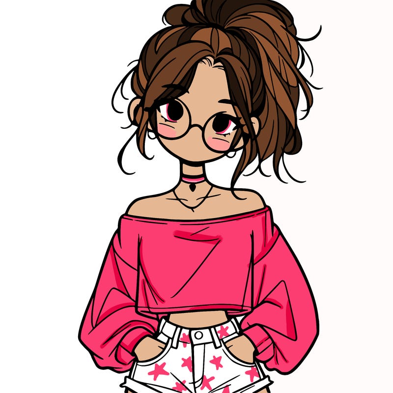 girl with a messy ponytail glasses a baggy crop top and jean shorts