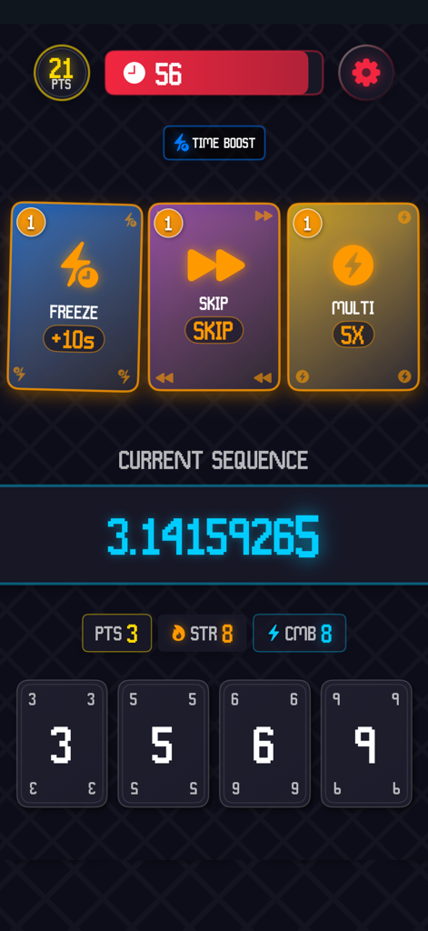 Pi: Math Memory Puzzle Game - Pi Math Memory game screen showing gameplay with boosters and a sequence of pi digits