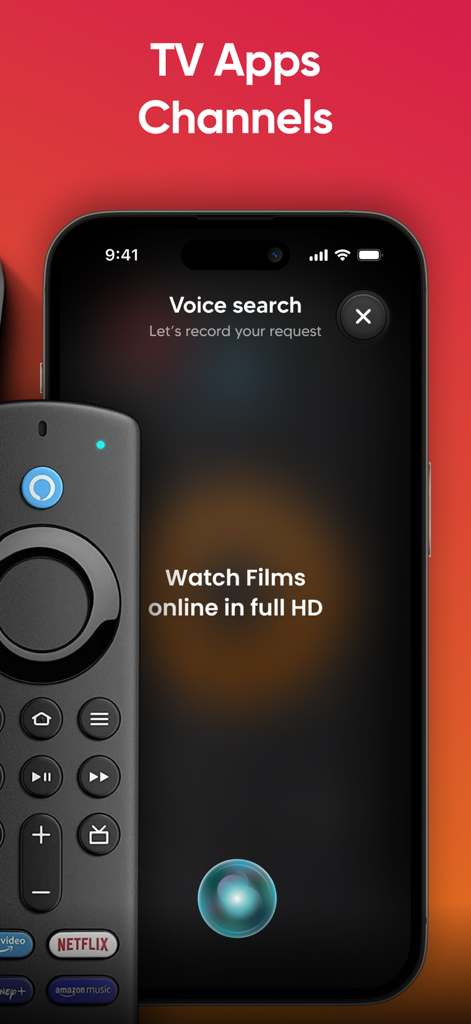 Fire TV Remote Universal Stick - iPhone showing voice search feature for Fire TV Remote app next to a physical remote